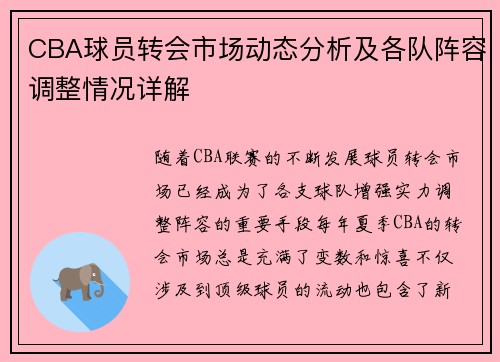 CBA球员转会市场动态分析及各队阵容调整情况详解