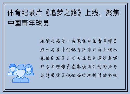 体育纪录片《追梦之路》上线，聚焦中国青年球员