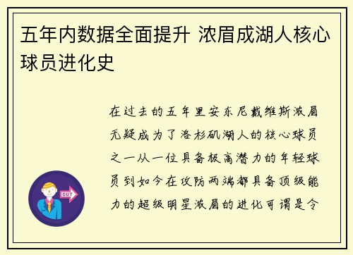 五年内数据全面提升 浓眉成湖人核心球员进化史 五年内数据全面提升 浓眉成湖人核心球员进化史